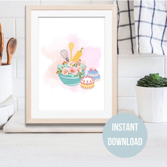 Kitchen Wall Art, Fun Watercolor Baking Print, Kitchen Decor, Mixing Bowls and Baking Utensils Print, Vintage Prints, Vintage Baking Print