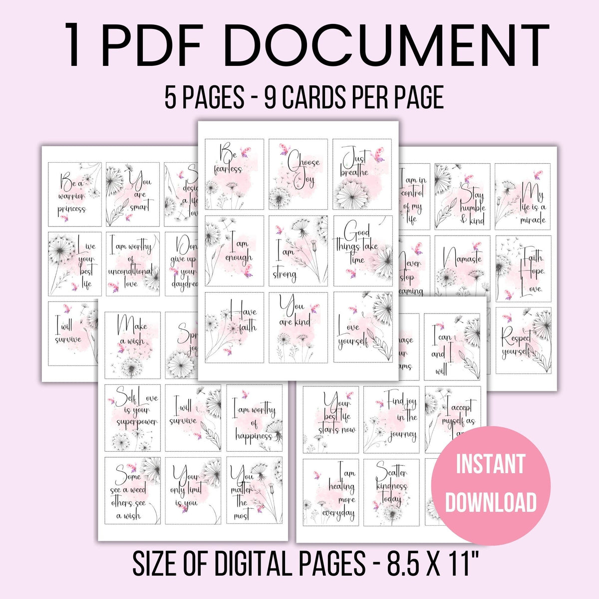 45 Dandelion Affirmation Cards Printable, Everyday affirmation cards, Positive Affirmation Cards, Self Care & Mindfulness Cards