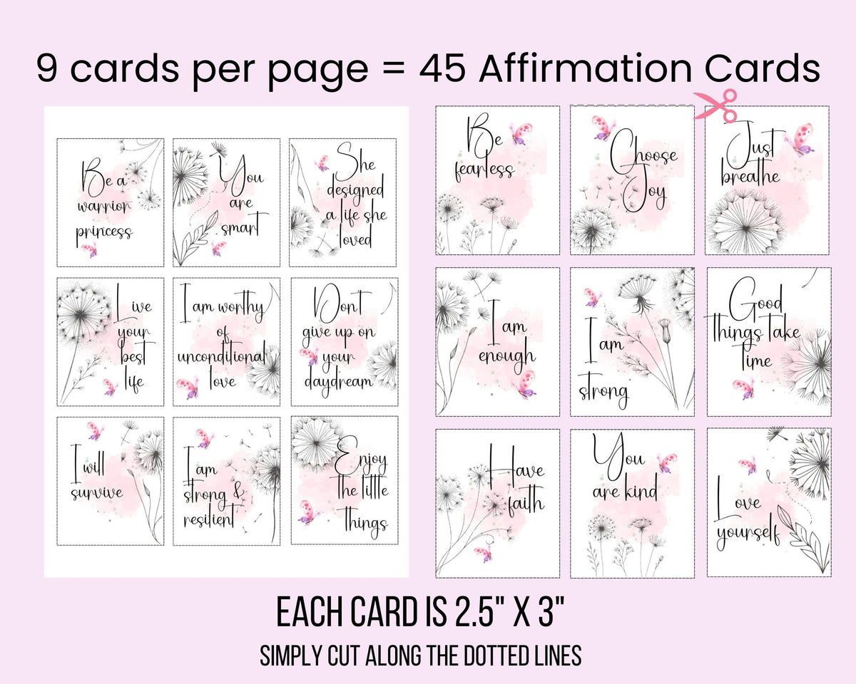 45 Dandelion Affirmation Cards Printable, Everyday affirmation cards, Positive Affirmation Cards, Self Care & Mindfulness Cards