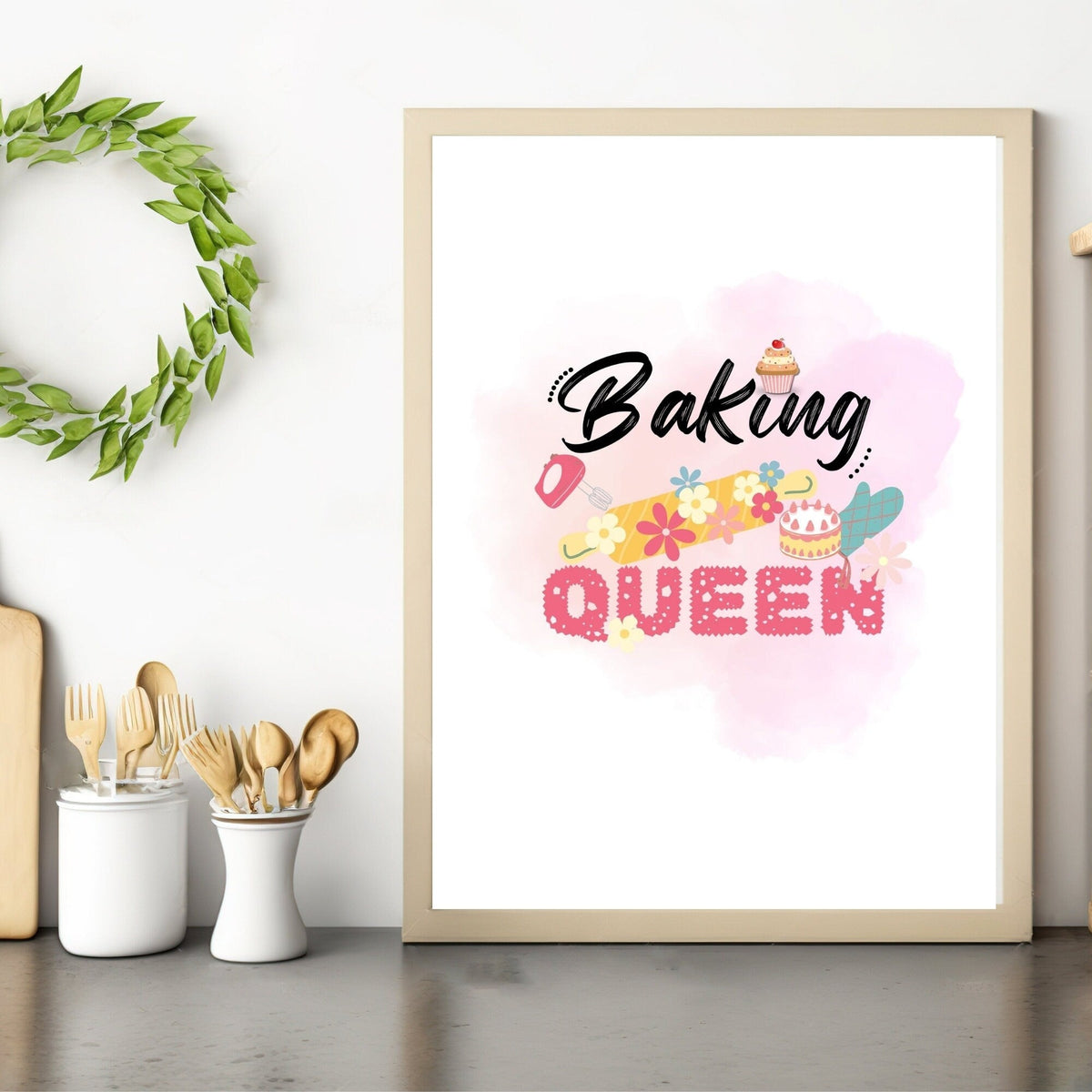 Baking Queen Watercolor Print | Fun Kitchen Decor | Housewarming Gift Ideas, Aesthetic Wall Art, Printable Wall Art | Kitchen Wall Print